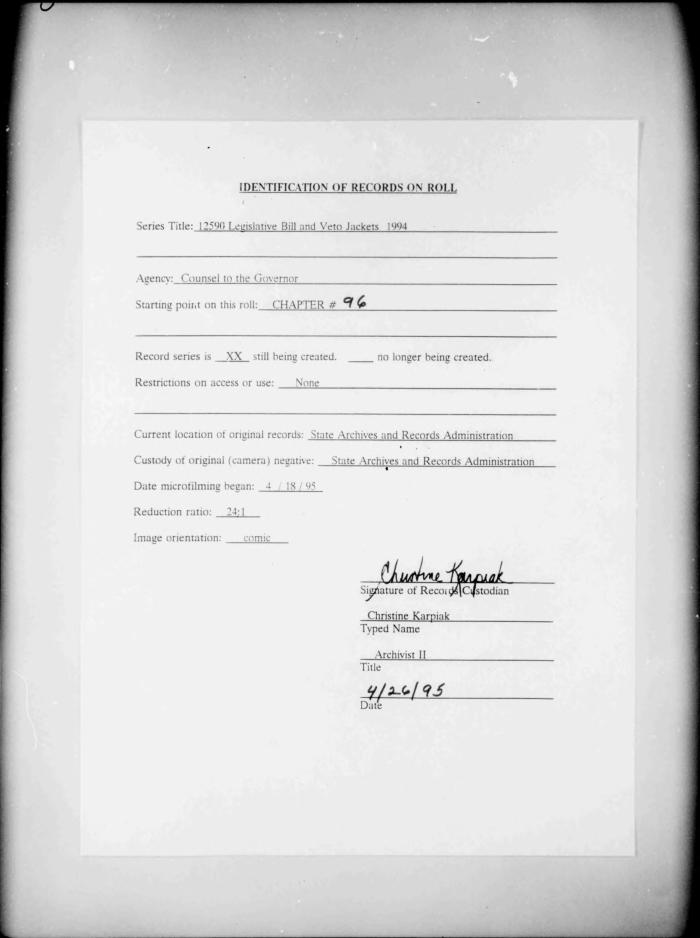 NYS Bill and Veto Jackets: 1994, Chapter 96