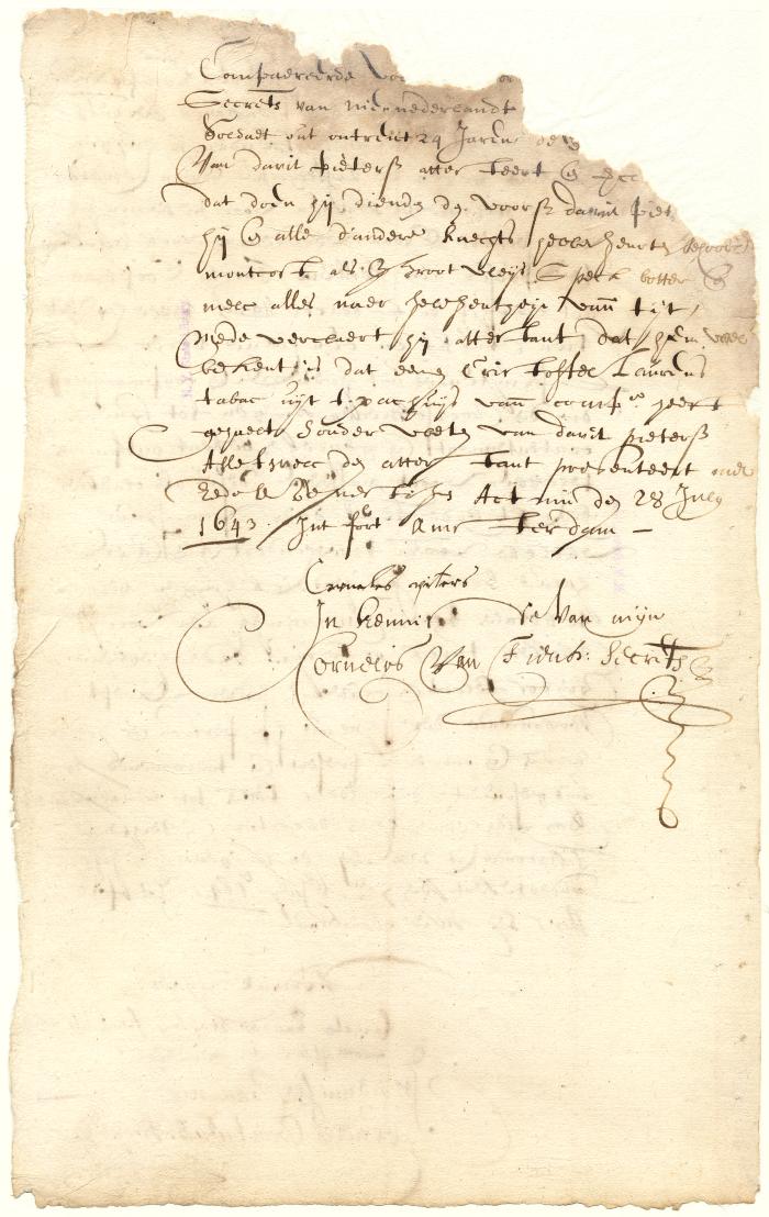 Declaration of Cornelis Pieters as to his good treatment while in the service of David Pietersen de Vries