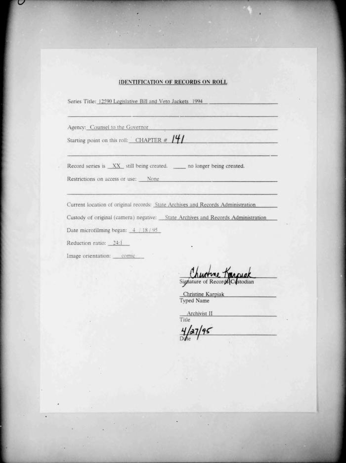 NYS Bill and Veto Jackets: 1994, Chapter 141