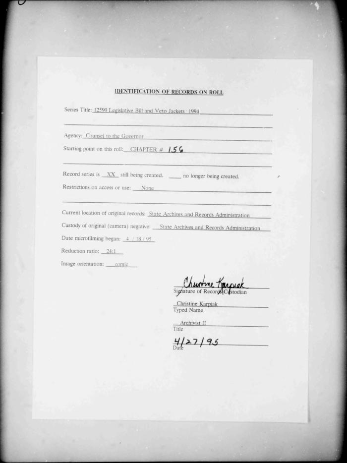 NYS Bill and Veto Jackets: 1994, Chapter 156