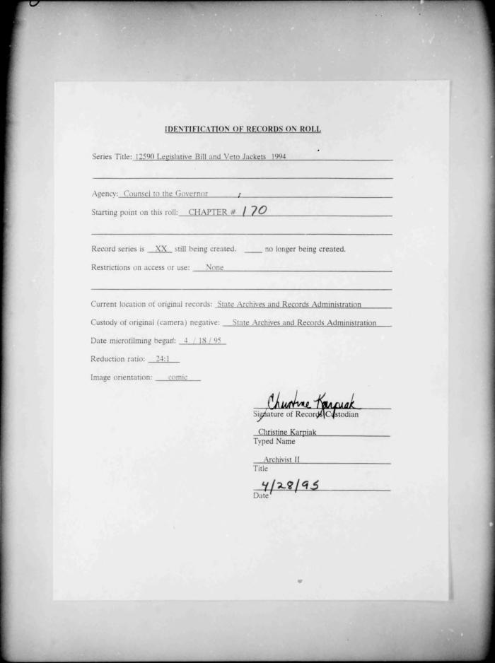 NYS Bill and Veto Jackets: 1994, Chapter 170