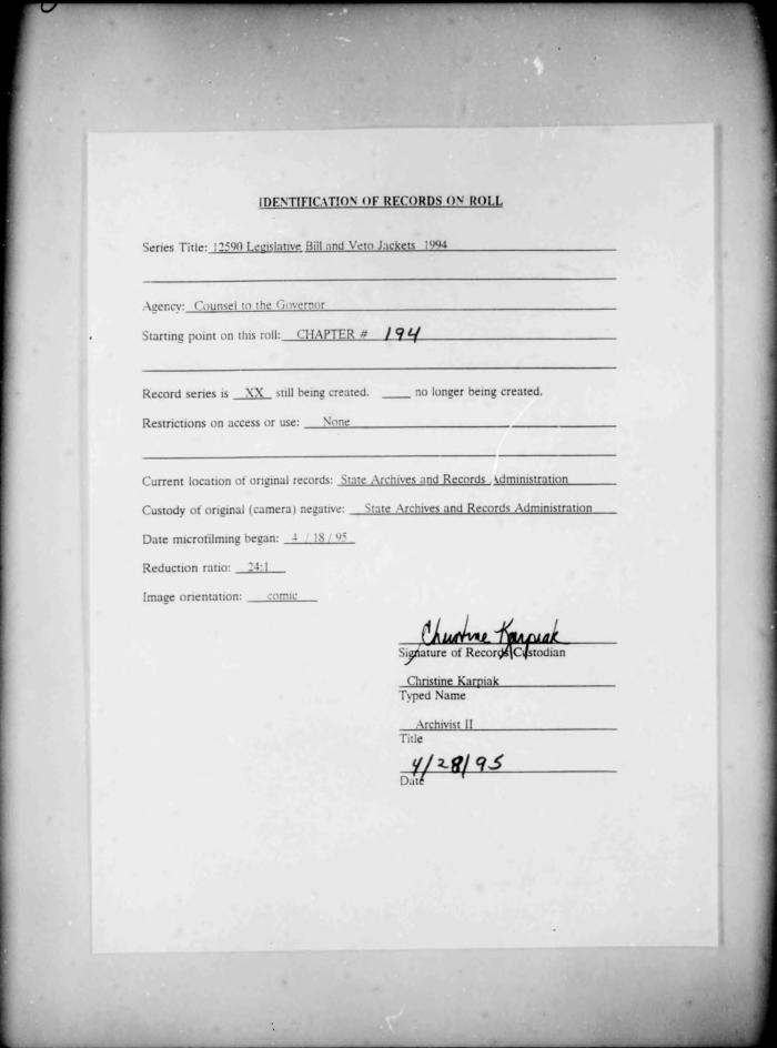 NYS Bill and Veto Jackets: 1994, Chapter 194