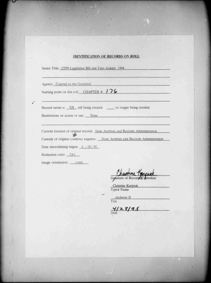 NYS Bill and Veto Jackets: 1994, Chapter 176