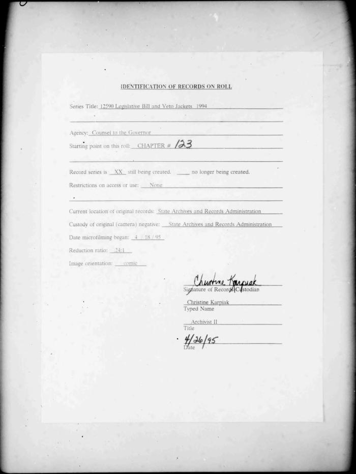 NYS Bill and Veto Jackets: 1994, Chapter 123