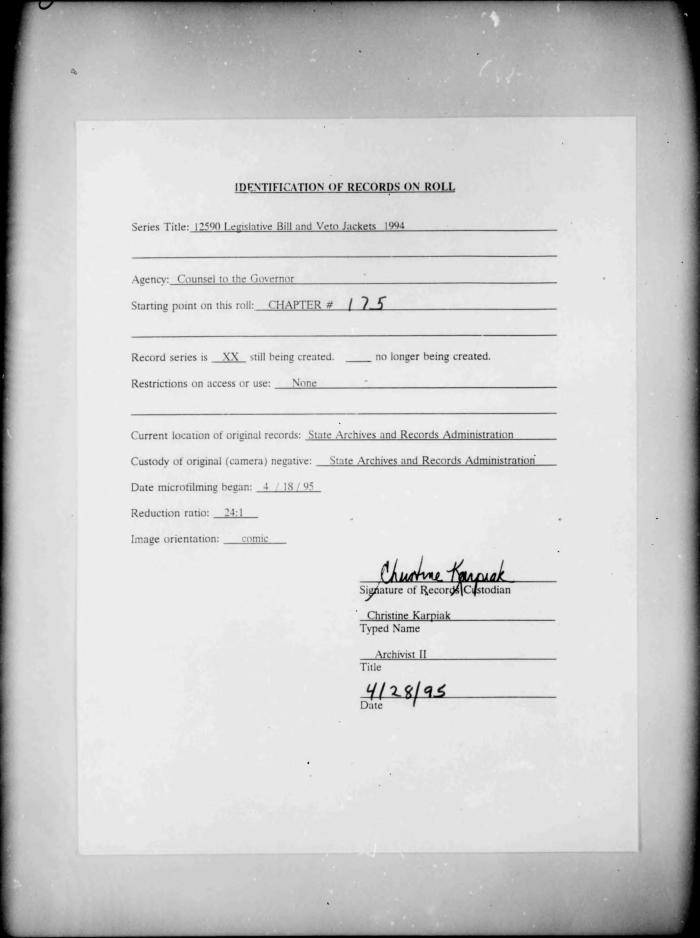 NYS Bill and Veto Jackets: 1994, Chapter 175