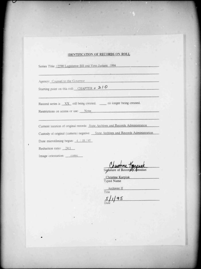 NYS Bill and Veto Jackets: 1994, Chapter 210