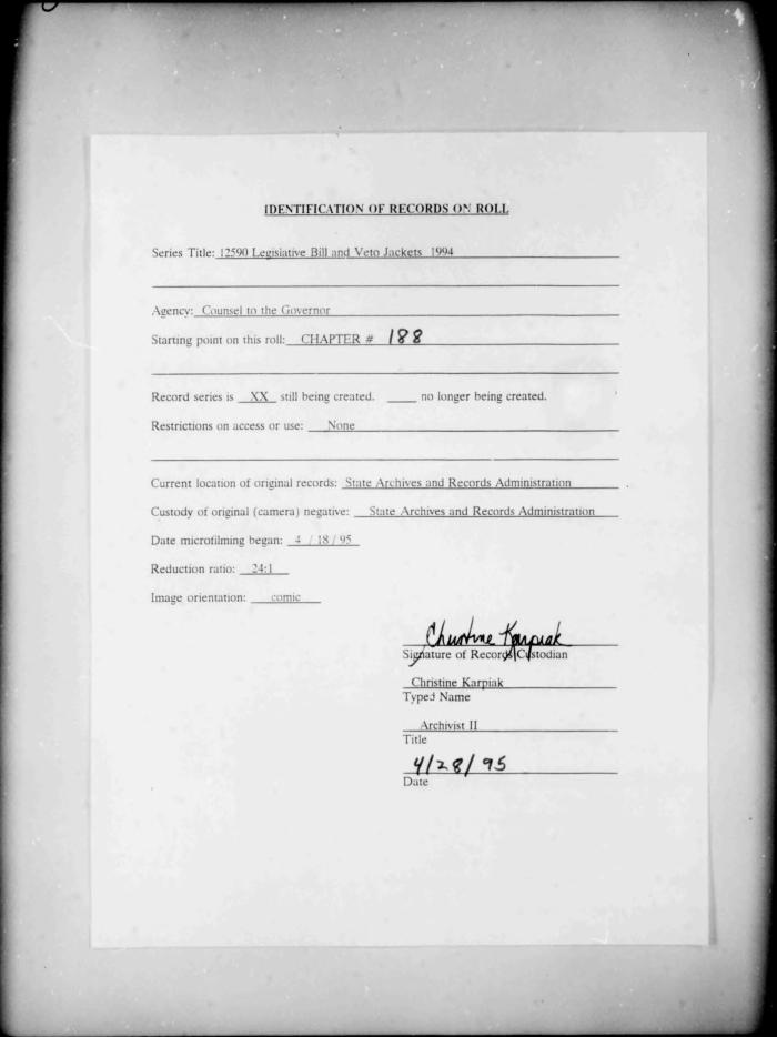 NYS Bill and Veto Jackets: 1994, Chapter 188