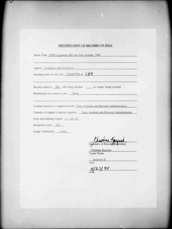 NYS Bill and Veto Jackets: 1994, Chapter 154