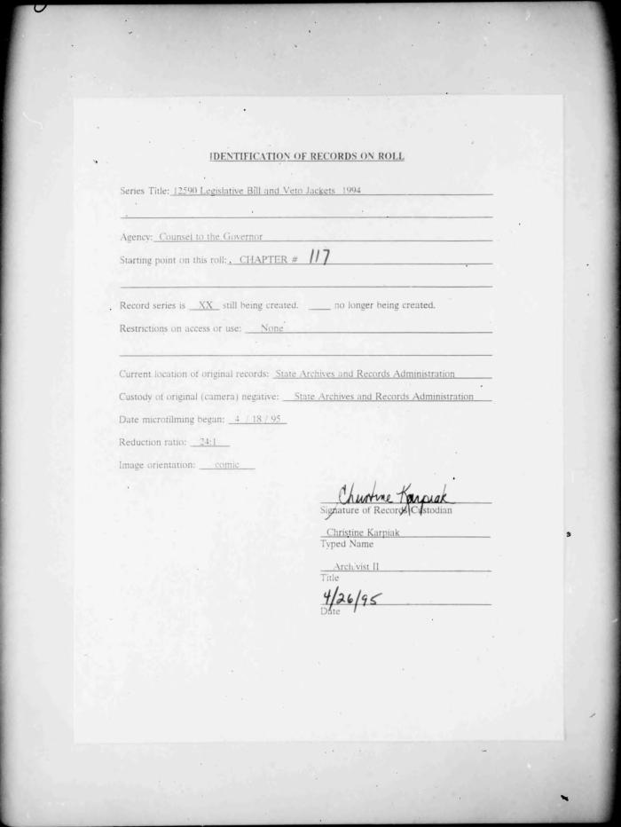 NYS Bill and Veto Jackets: 1994, Chapter 117