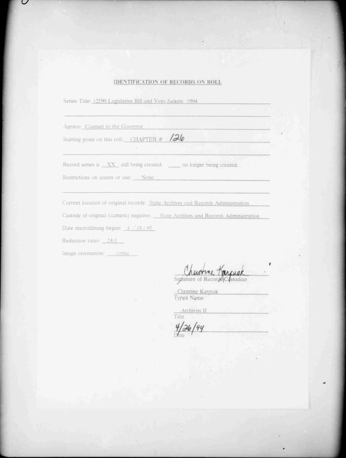NYS Bill and Veto Jackets: 1994, Chapter 126