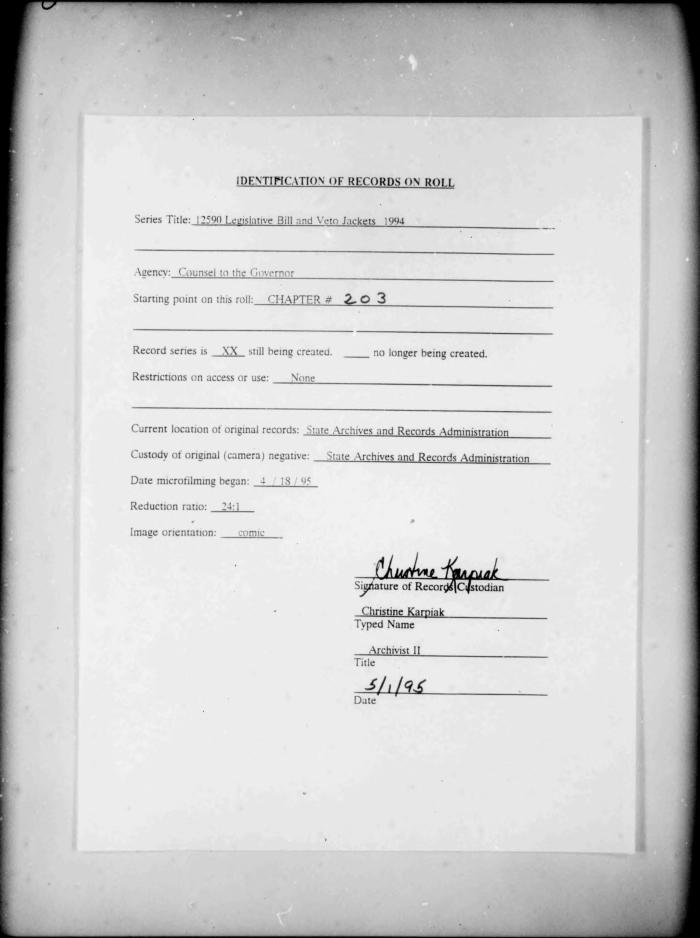 NYS Bill and Veto Jackets: 1994, Chapter 203