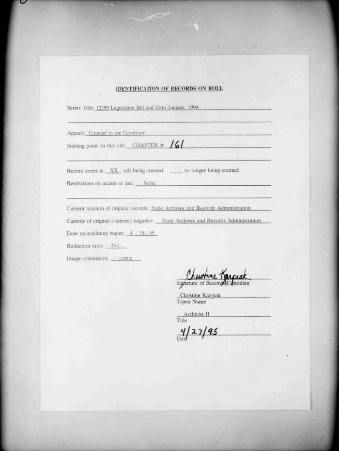 NYS Bill and Veto Jackets: 1994, Chapter 161