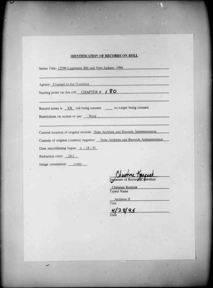 NYS Bill and Veto Jackets: 1994, Chapter 180