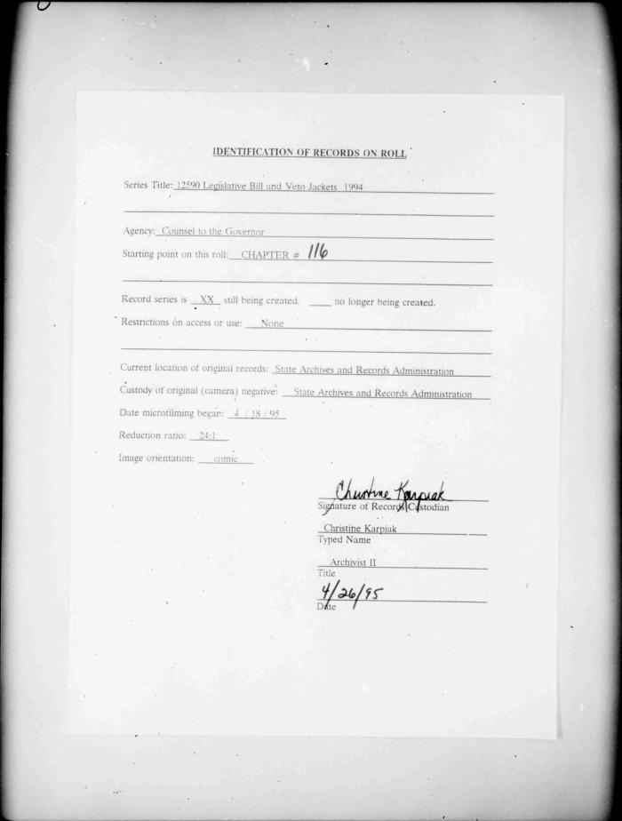 NYS Bill and Veto Jackets: 1994, Chapter 116