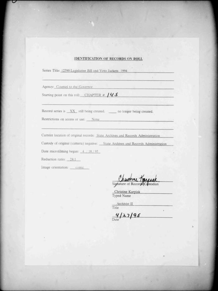 NYS Bill and Veto Jackets: 1994, Chapter 145