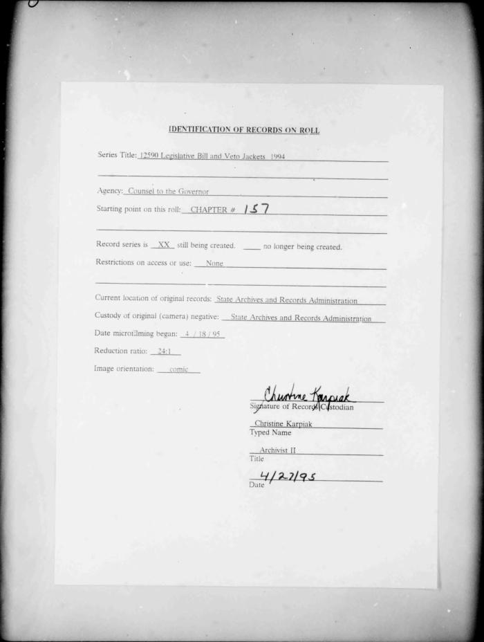 NYS Bill and Veto Jackets: 1994, Chapter 157