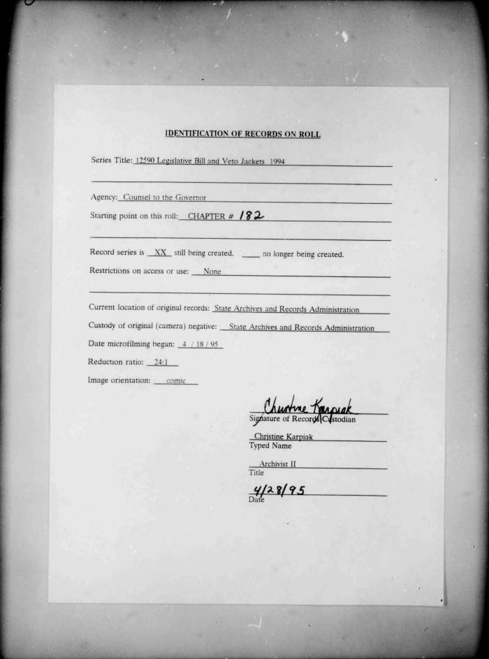 NYS Bill and Veto Jackets: 1994, Chapter 182