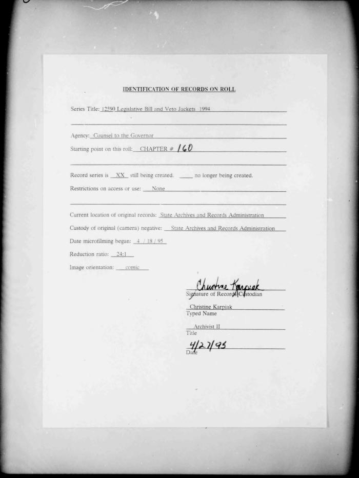 NYS Bill and Veto Jackets: 1994, Chapter 160