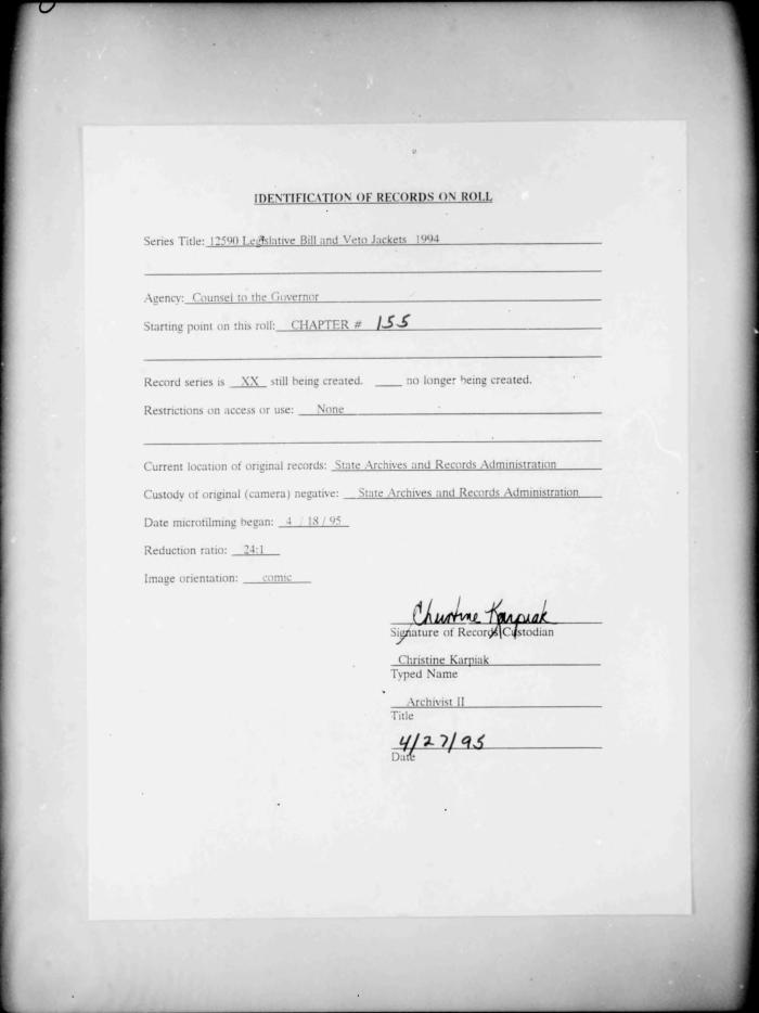 NYS Bill and Veto Jackets: 1994, Chapter 155