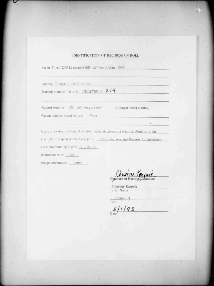 NYS Bill and Veto Jackets: 1994, Chapter 214