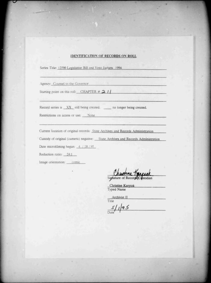 NYS Bill and Veto Jackets: 1994, Chapter 211