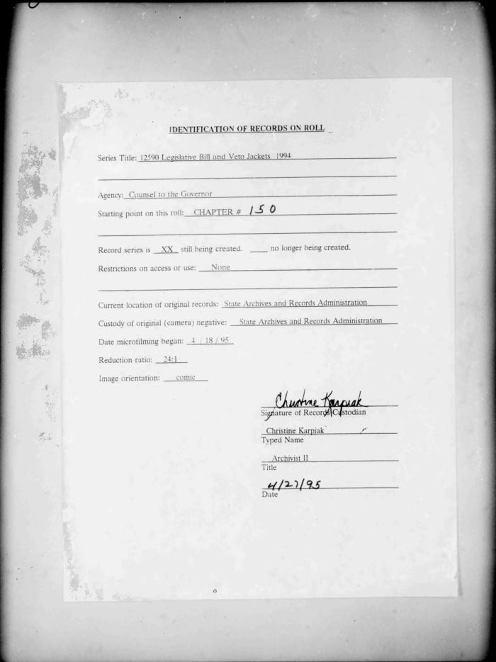 NYS Bill and Veto Jackets: 1994, Chapter 150