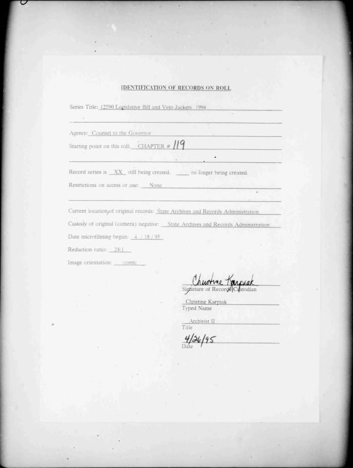 NYS Bill and Veto Jackets: 1994, Chapter 119
