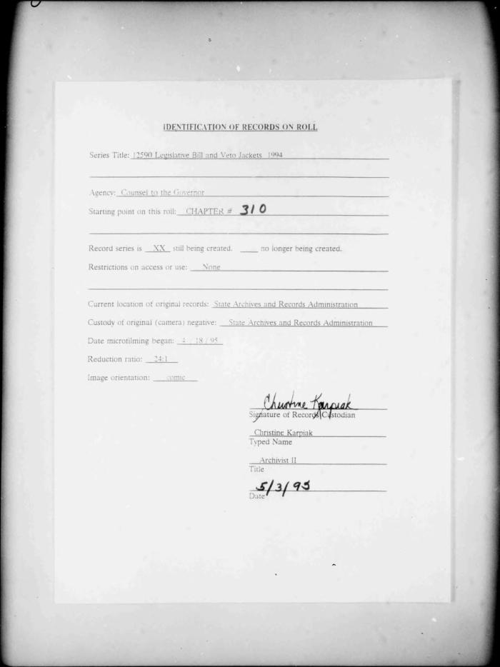 NYS Bill and Veto Jackets: 1994, Chapter 310