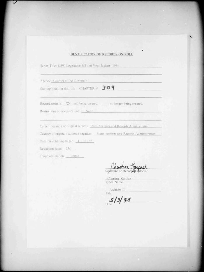 NYS Bill and Veto Jackets: 1994, Chapter 309