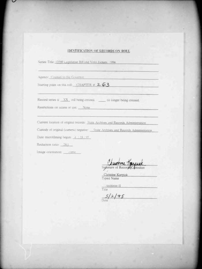 NYS Bill and Veto Jackets: 1994, Chapter 263