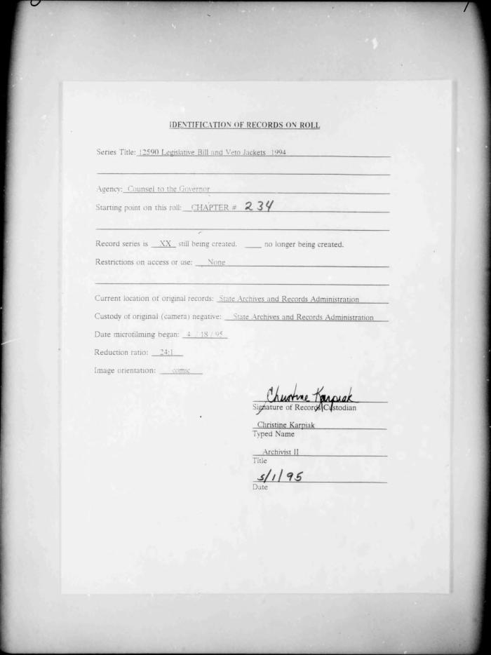 NYS Bill and Veto Jackets: 1994, Chapter 234