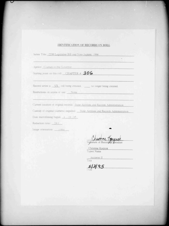 NYS Bill and Veto Jackets: 1994, Chapter 306