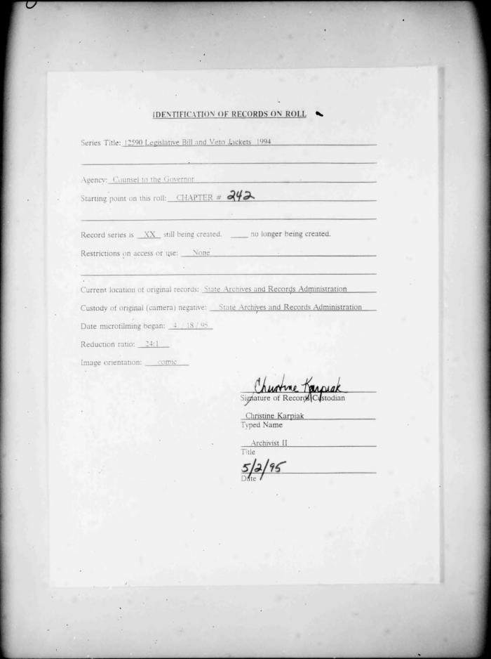 NYS Bill and Veto Jackets: 1994, Chapter 242