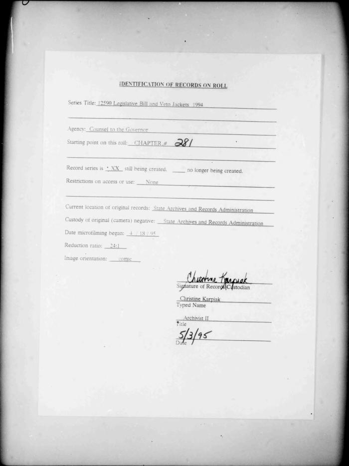 NYS Bill and Veto Jackets: 1994, Chapter 281