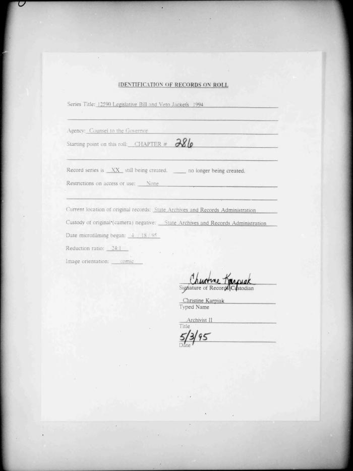 NYS Bill and Veto Jackets: 1994, Chapter 286