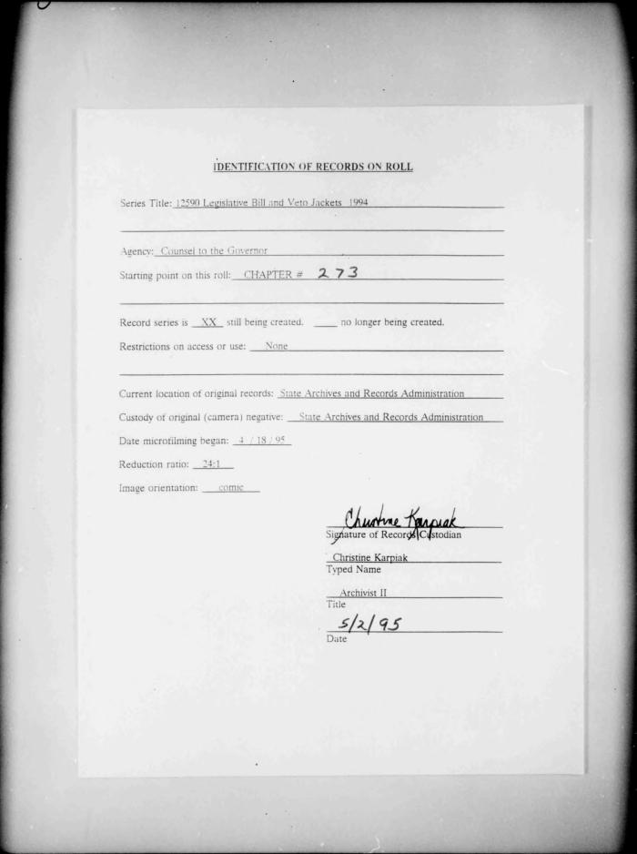NYS Bill and Veto Jackets: 1994, Chapter 273