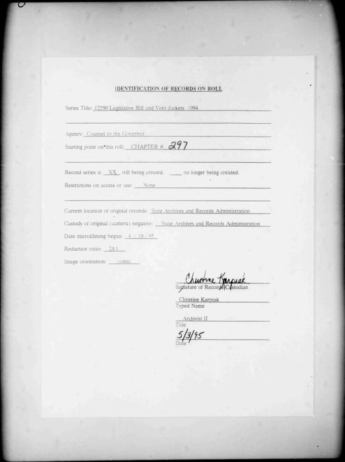 NYS Bill and Veto Jackets: 1994, Chapter 297