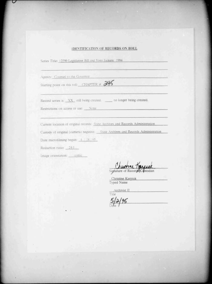 NYS Bill and Veto Jackets: 1994, Chapter 245