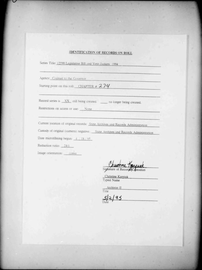 NYS Bill and Veto Jackets: 1994, Chapter 274
