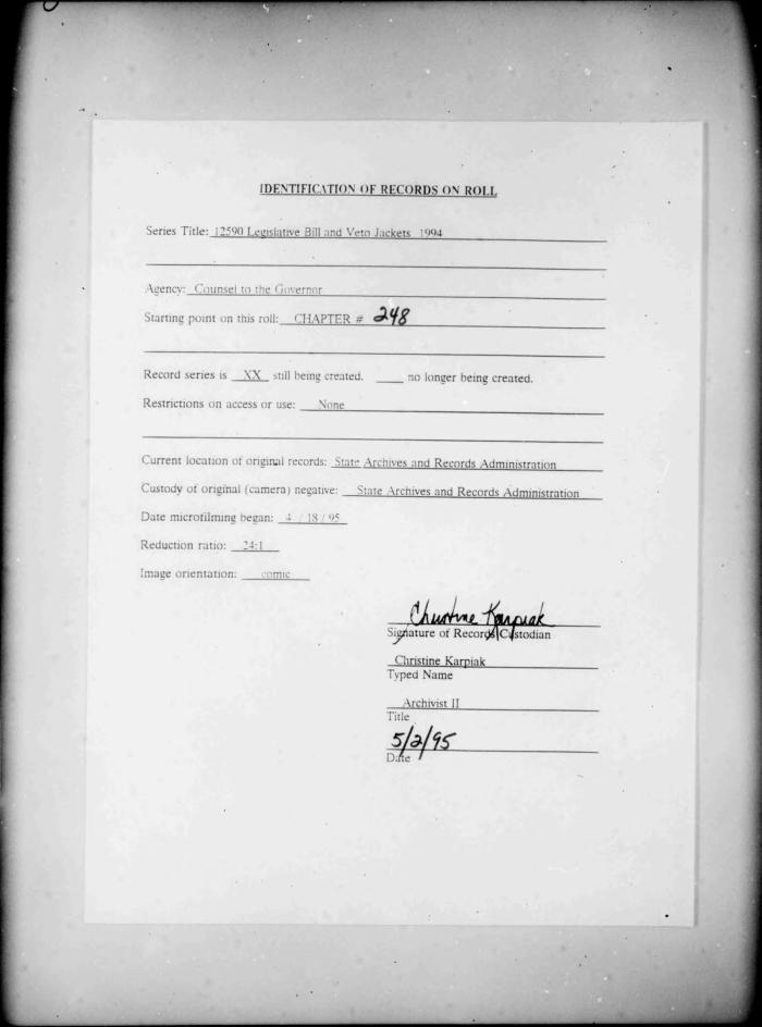 NYS Bill and Veto Jackets: 1994, Chapter 248