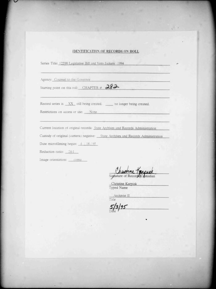 NYS Bill and Veto Jackets: 1994, Chapter 282