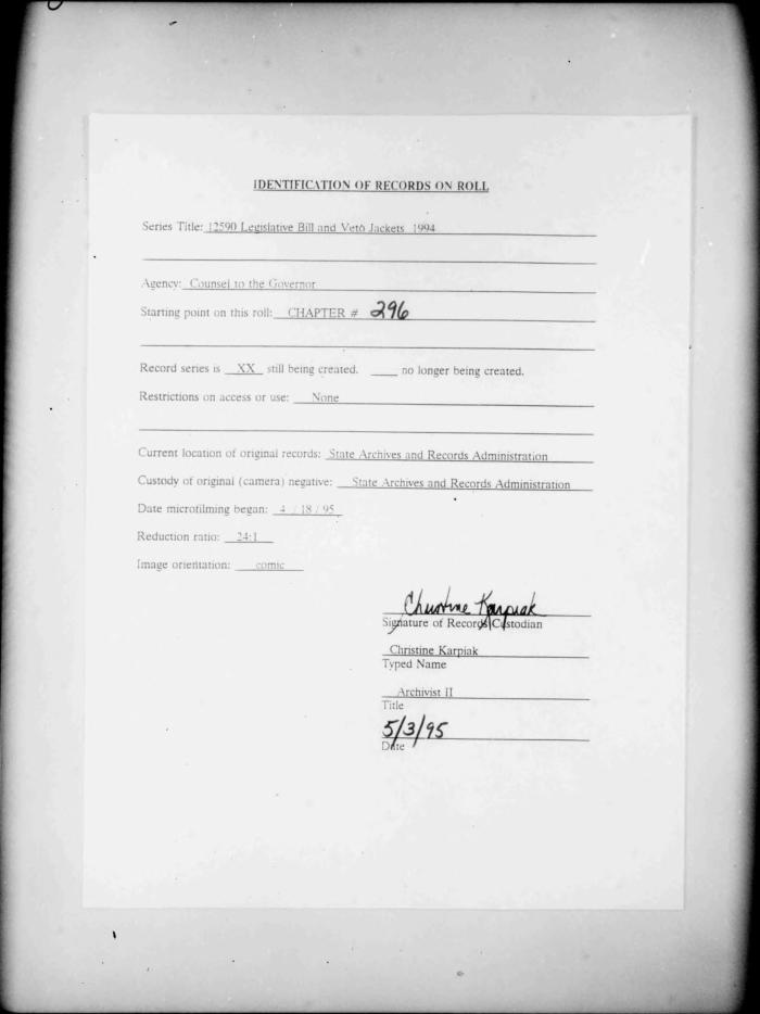 NYS Bill and Veto Jackets: 1994, Chapter 296
