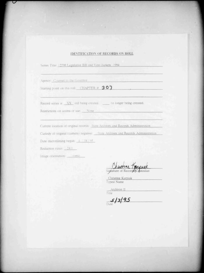 NYS Bill and Veto Jackets: 1994, Chapter 307