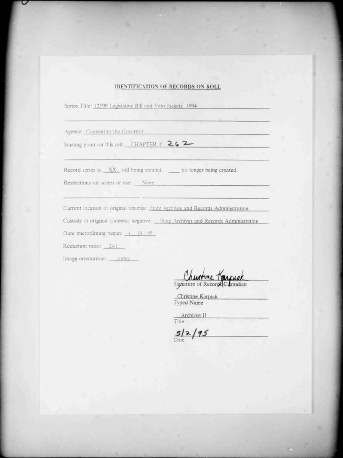 NYS Bill and Veto Jackets: 1994, Chapter 262