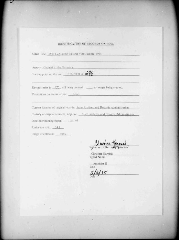 NYS Bill and Veto Jackets: 1994, Chapter 246