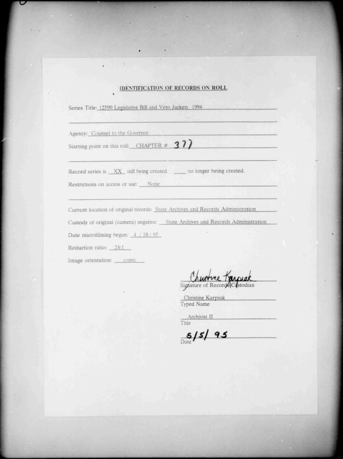 NYS Bill and Veto Jackets: 1994, Chapter 377