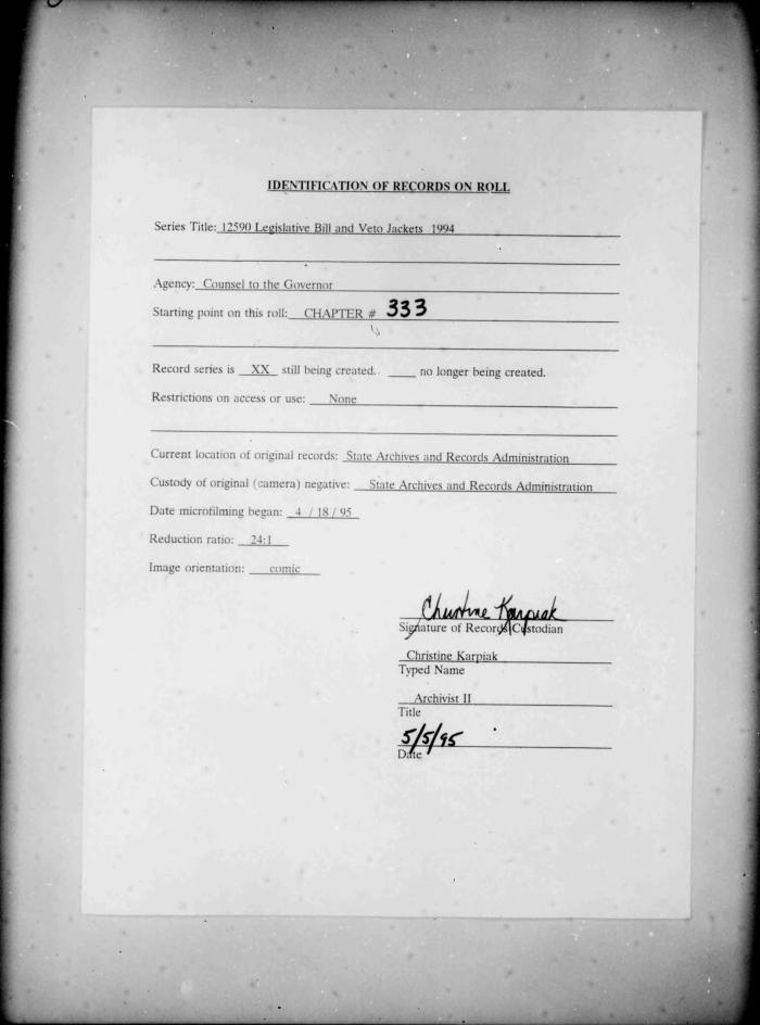 NYS Bill and Veto Jackets: 1994, Chapter 333