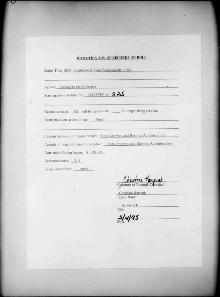 NYS Bill and Veto Jackets: 1994, Chapter 325