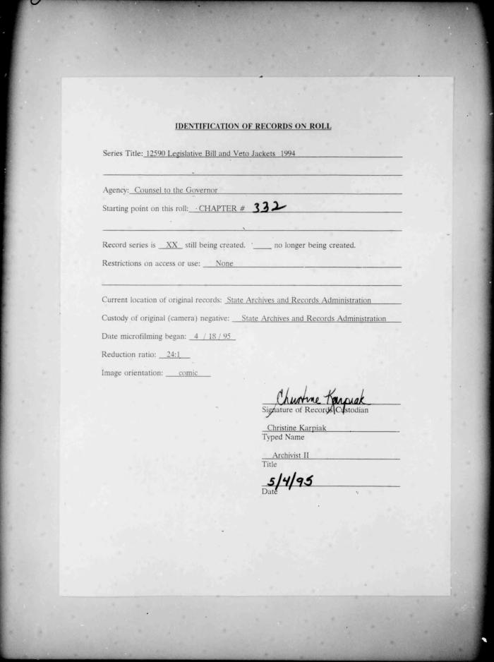 NYS Bill and Veto Jackets: 1994, Chapter 332