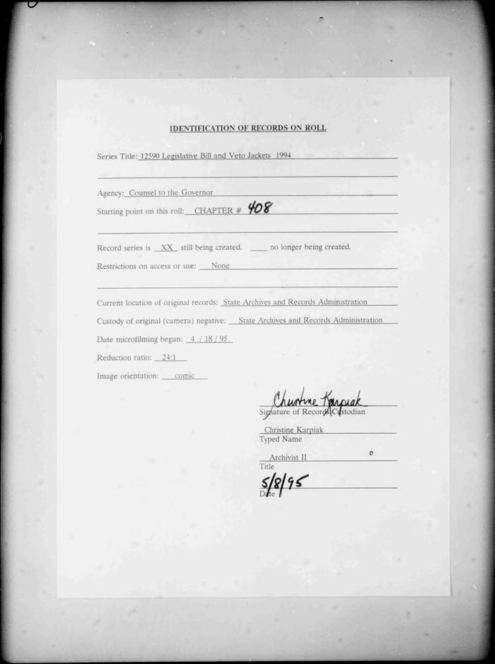 NYS Bill and Veto Jackets: 1994, Chapter 408